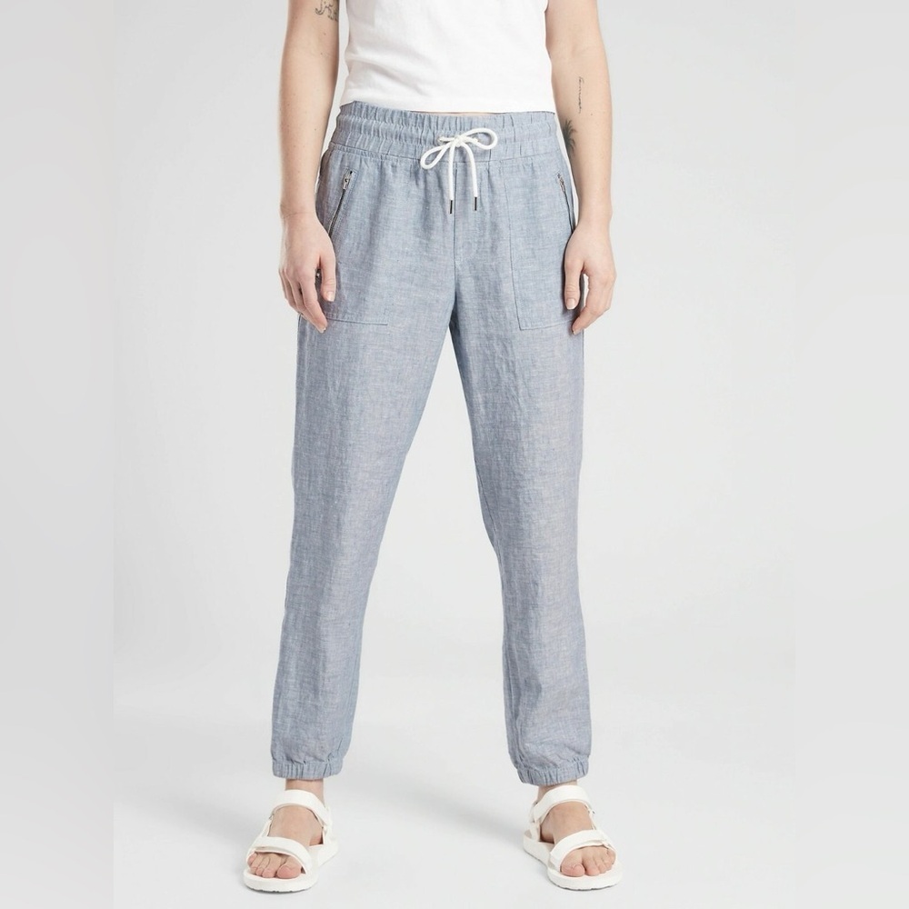 Athleta Cabo Linen Jogger Ankle Pants in Chambray Blue Size 12